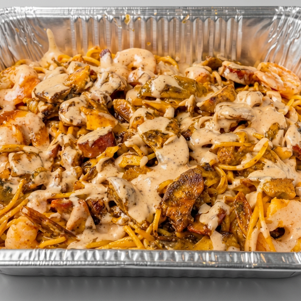 Takeout tray filled with spaghetti, shrimp, mussels, mushrooms, and sausage topped with creamy sauce.