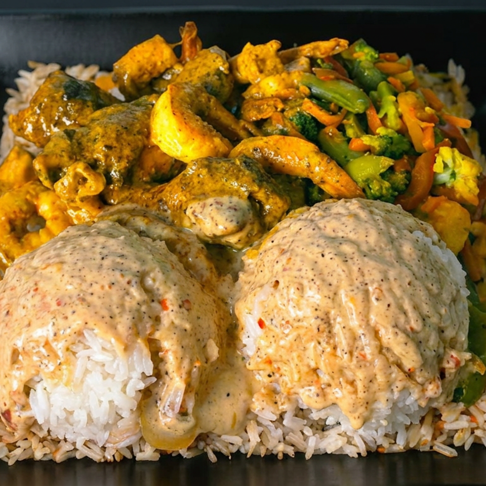 Black square plate of rice topped with creamy chicken, shrimp, mushrooms, and mixed vegetables.