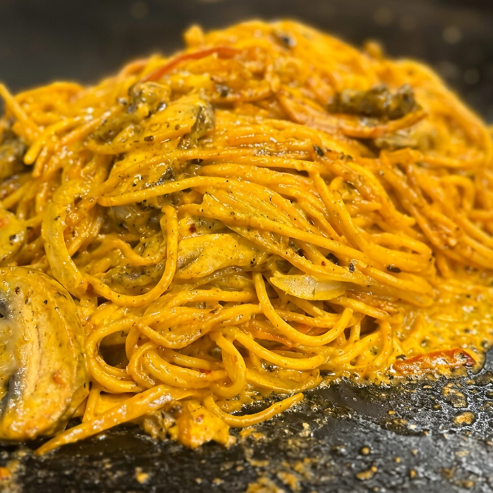 Creamy orange spaghetti with sliced mushrooms and black pepper served on a dark plate.
