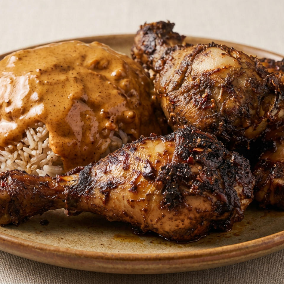 Plate of grilled chicken legs with charred seasoning, rice, and creamy brown sauce on a ceramic dish.