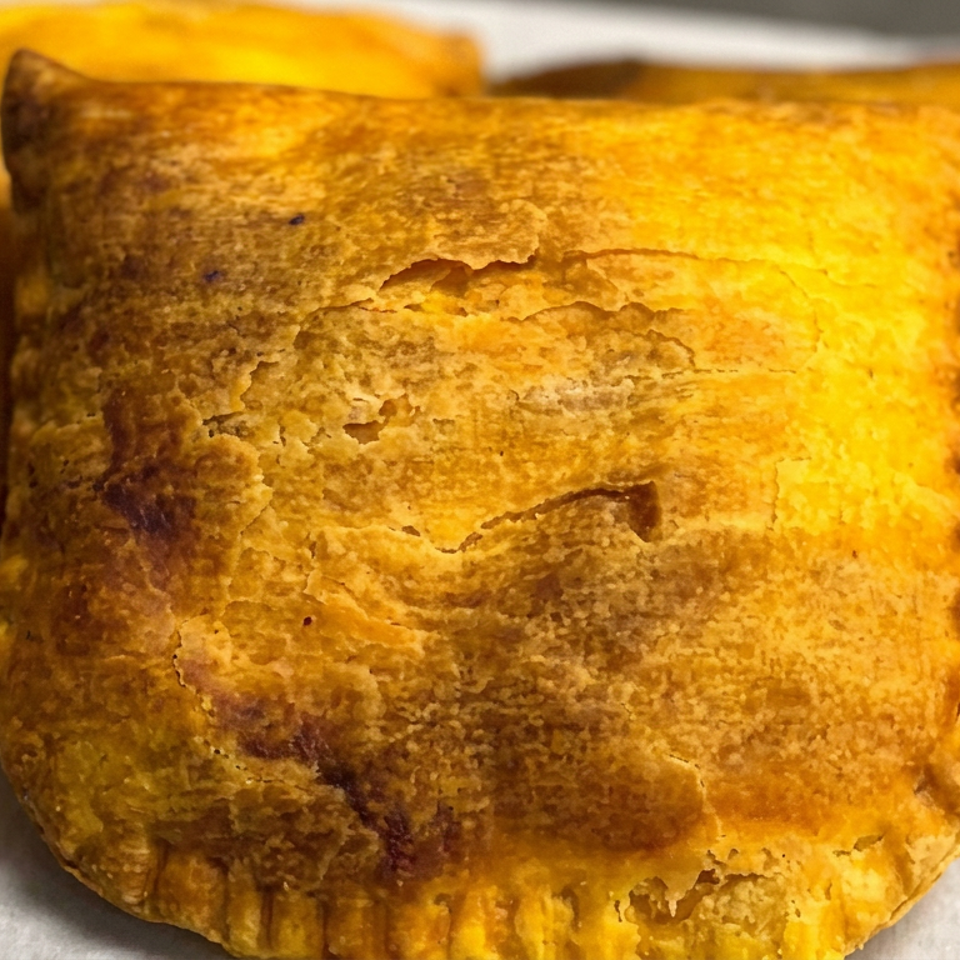 Three golden-brown flaky pastries arranged on a white surface, with the front pastry showing crimped edges and layered crust.