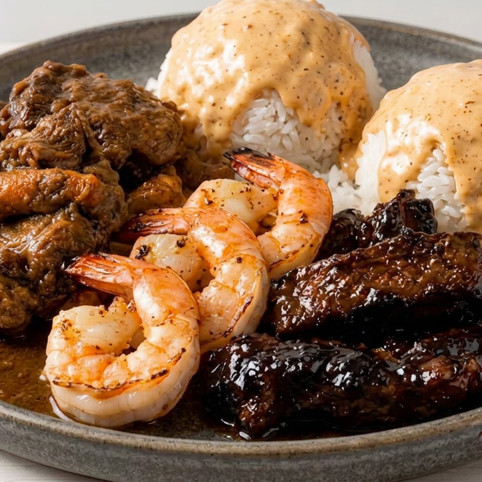 Plate of white rice topped with creamy sauce, braised beef, grilled shrimp, and glazed ribs.