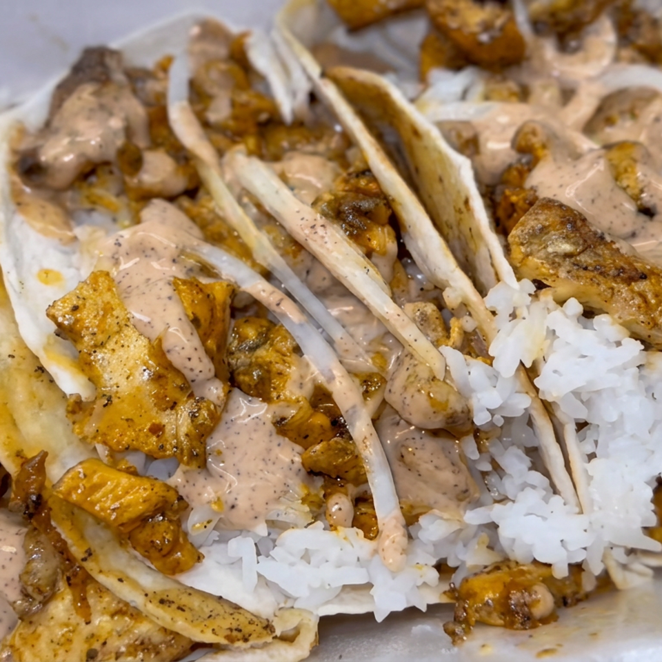 Three soft tacos filled with seasoned grilled chicken, white rice, onions, and creamy sauce in a foam takeout container.