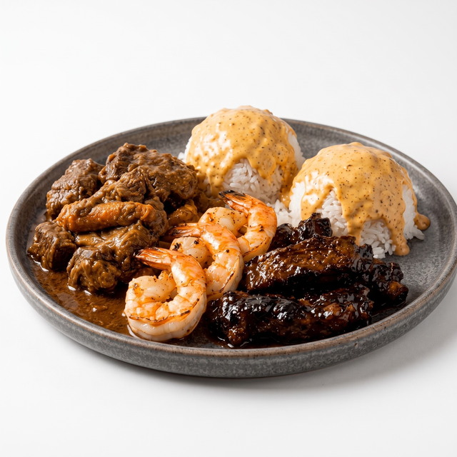 Jerk Wings, Steak and Shrimp.